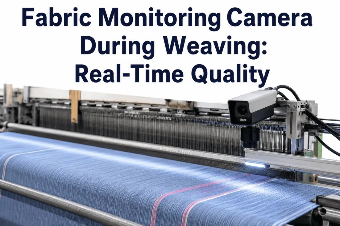 Fabric monitoring camera overseeing a blue textile being woven on industrial machinery.