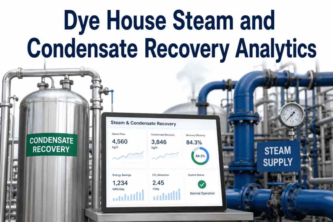 Steam and condensate recovery system with analytics display in a textile manufacturing setting.
